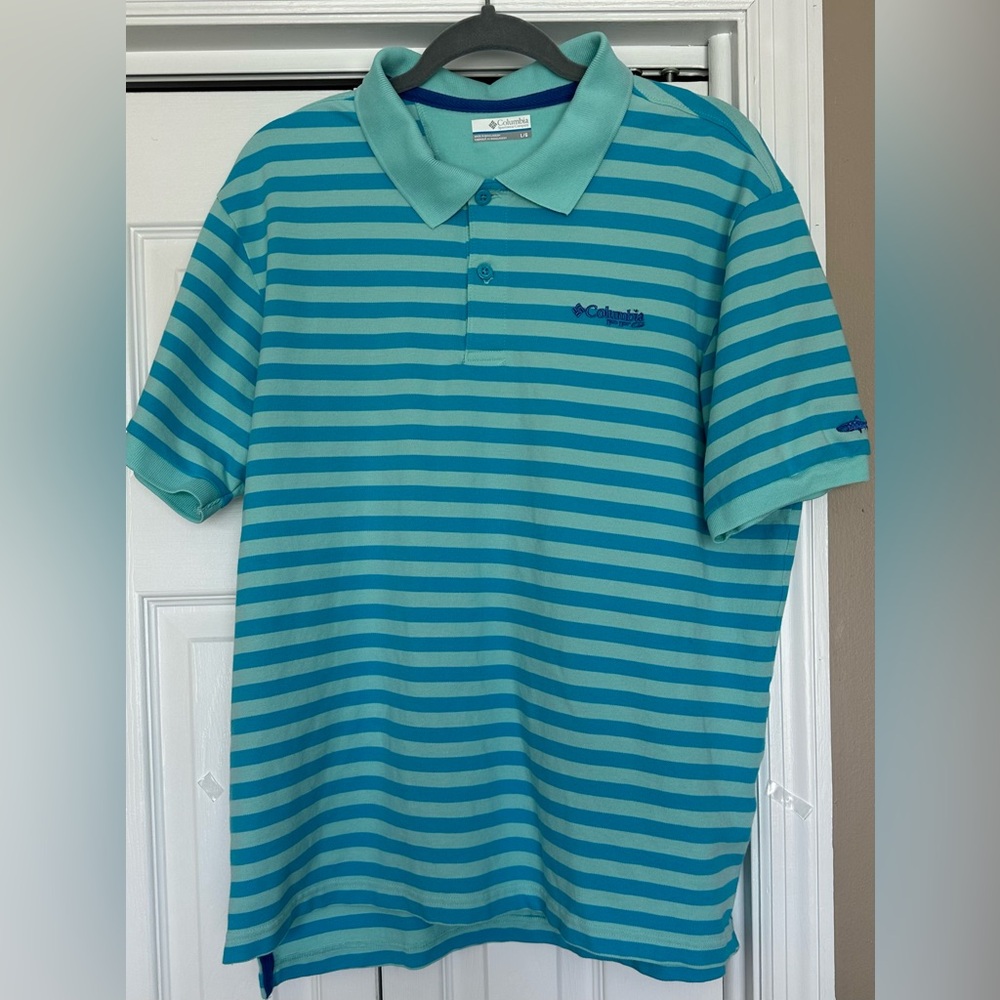 Columbia PFG Mens Striped Super Bonefish Pique Polo.‎ Size Large. Blue/Teal.